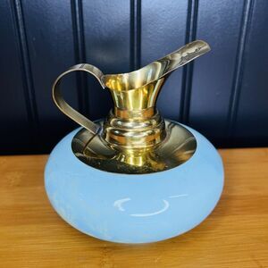 Vintage Delft Holland Hand Painted Ceramic & Brass Jug Vase Pitcher 5“ AS IS